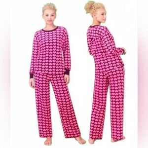 Kate Spade New York Heart Print 2 Piece Pajama Set Pink Fleece Lounge Sleepwear
